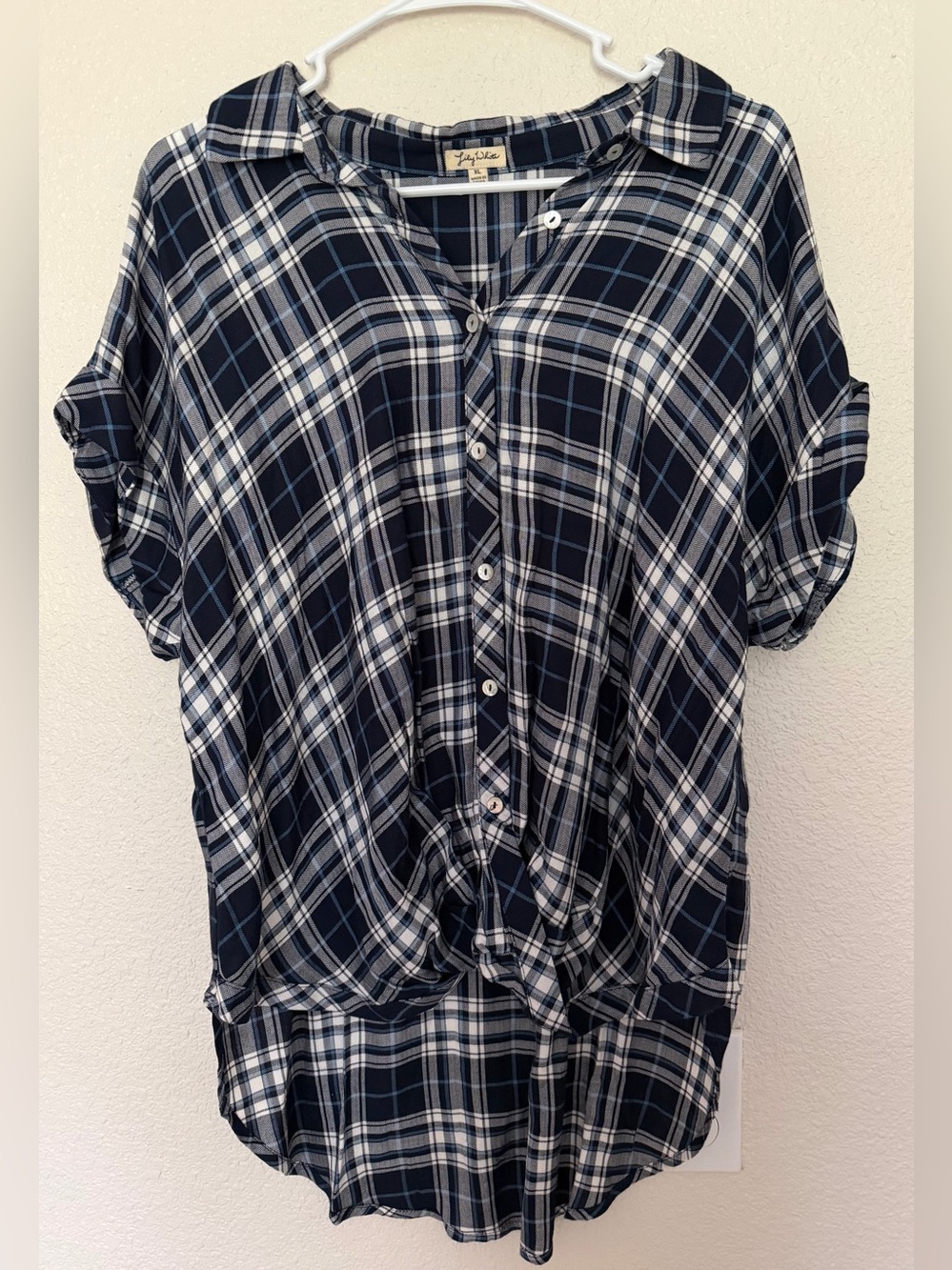 Taylor & Sage Navy Plaid Button-Front Tie Hem Top
